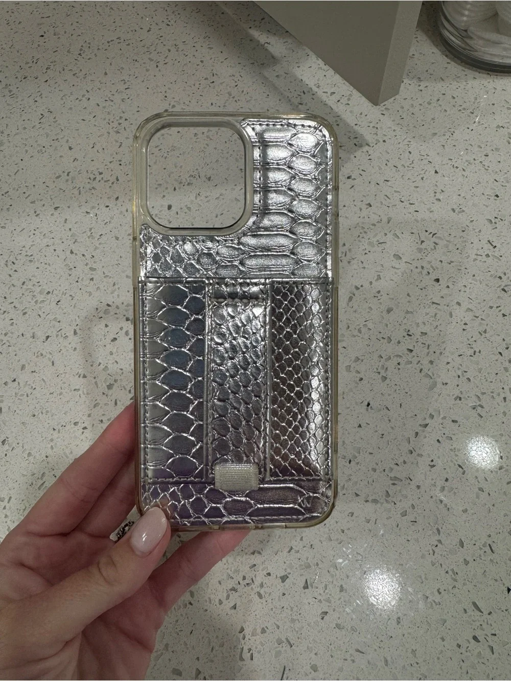 Walli iPhone 15 pro max Metallic Silver Faux-Snakeskin Card Holder Phone Case